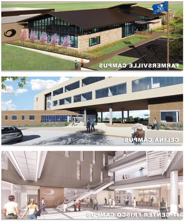 Renderings for the Farmersville Campus, Celina Campus and the IT Center at the Frisco Campus